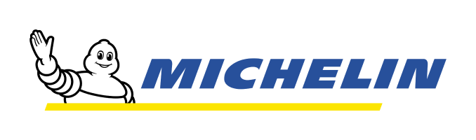 L'omino Michelin saluta con la mano, accanto alla scritta "MICHELIN" scritta in blu, sopra una barra gialla.
