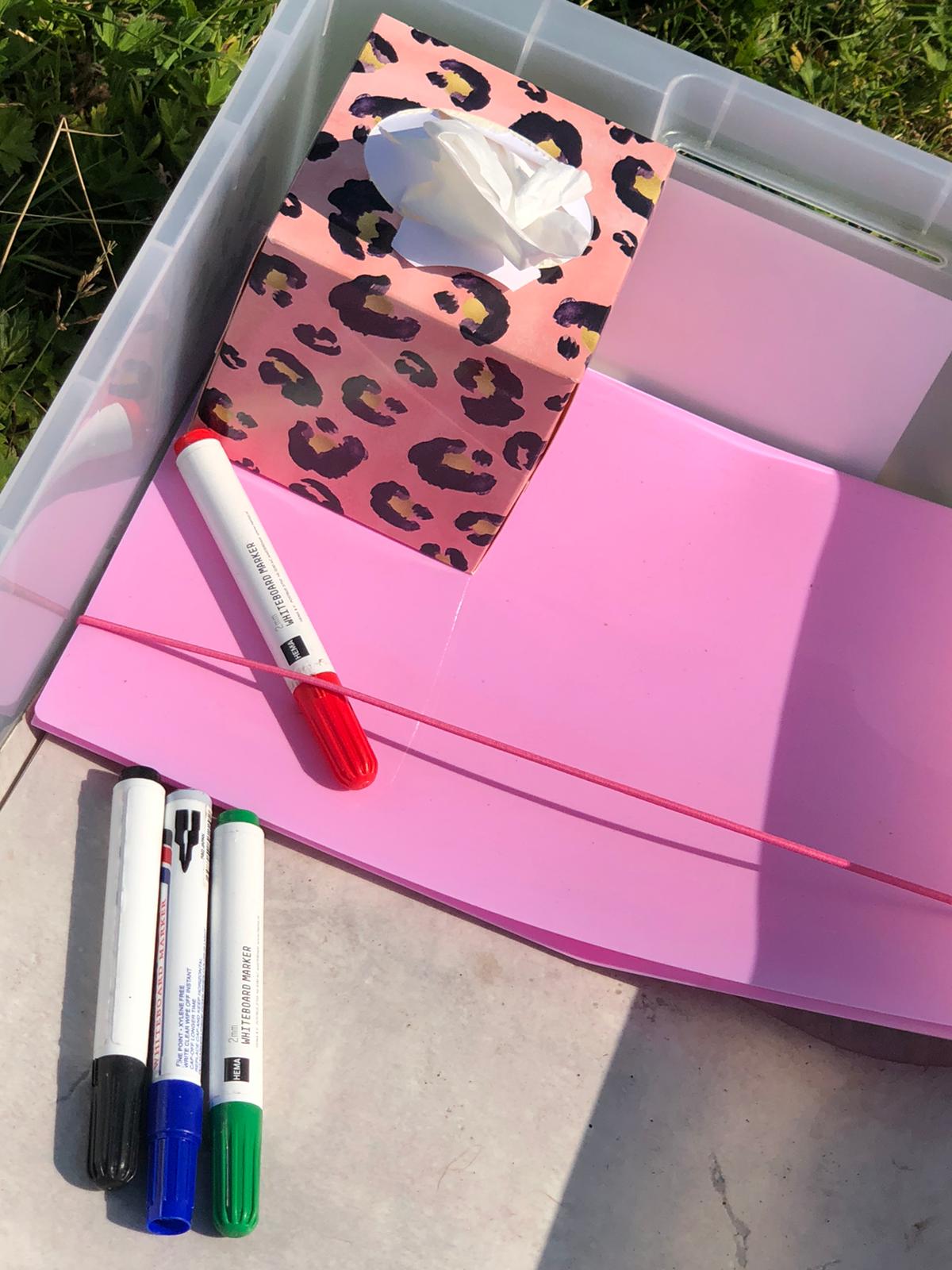 Open een plastic bak met een roze bord, stiften en een tissuebox met cheetahprint.