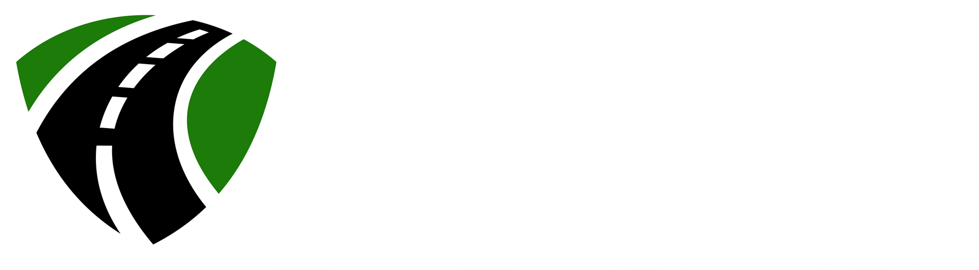 Logo featuring a stylized road in black and white within a green shield shape.