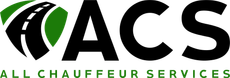 ACS logo with a road graphic in green and black, and the words "All Chauffeur Services" underneath.