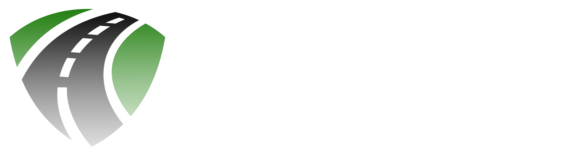 Shield-shaped logo with a stylized road inside, in green and gray.