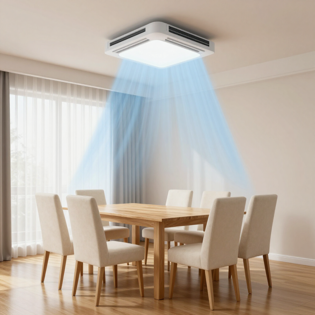 Dining room with a ceiling air conditioner blowing blue cool air over a wooden table and chairs