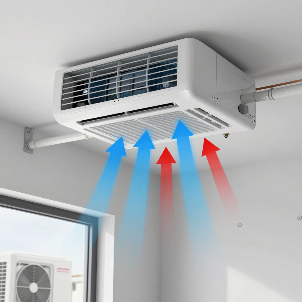 Ceiling-mounted air conditioner blowing cool and warm airflow arrows into a room