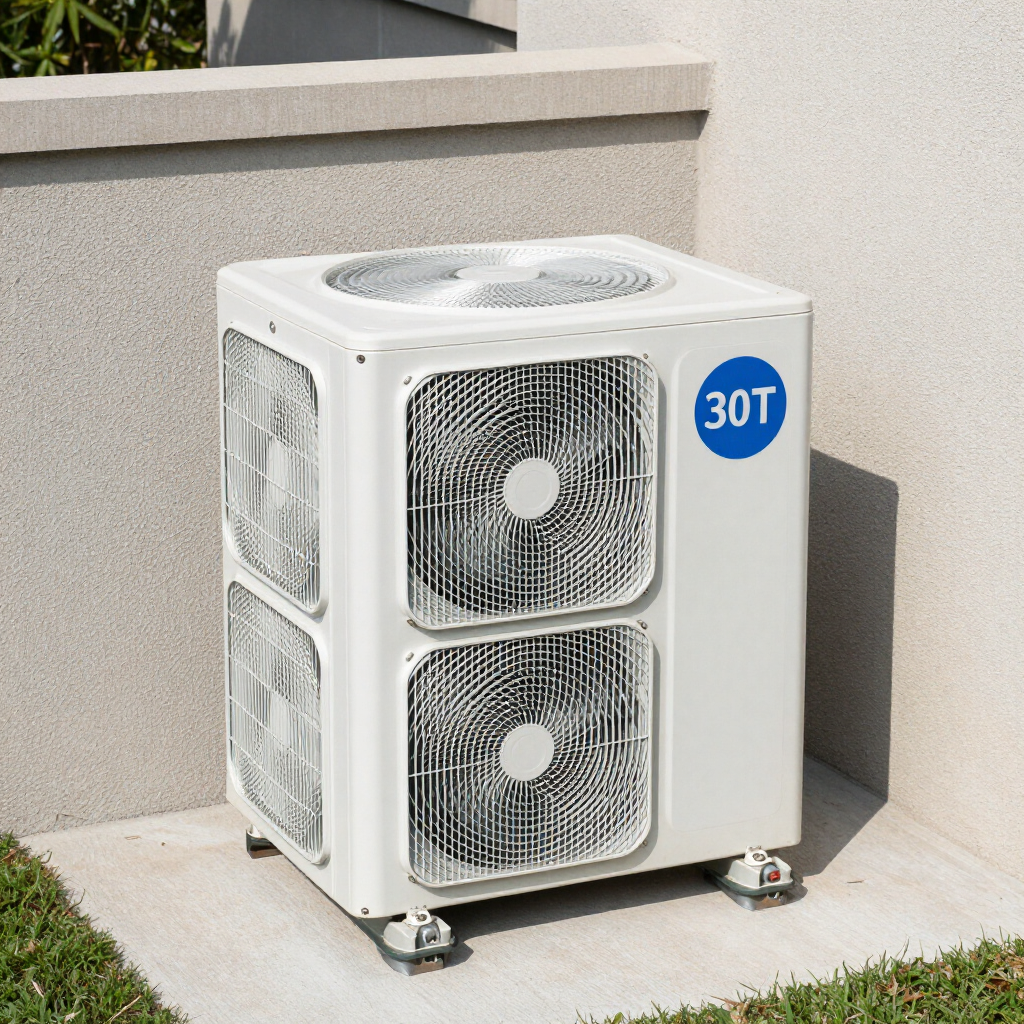 Outdoor air-conditioning unit with fan grilles, white casing, and a blue “30T” label on a concrete pad