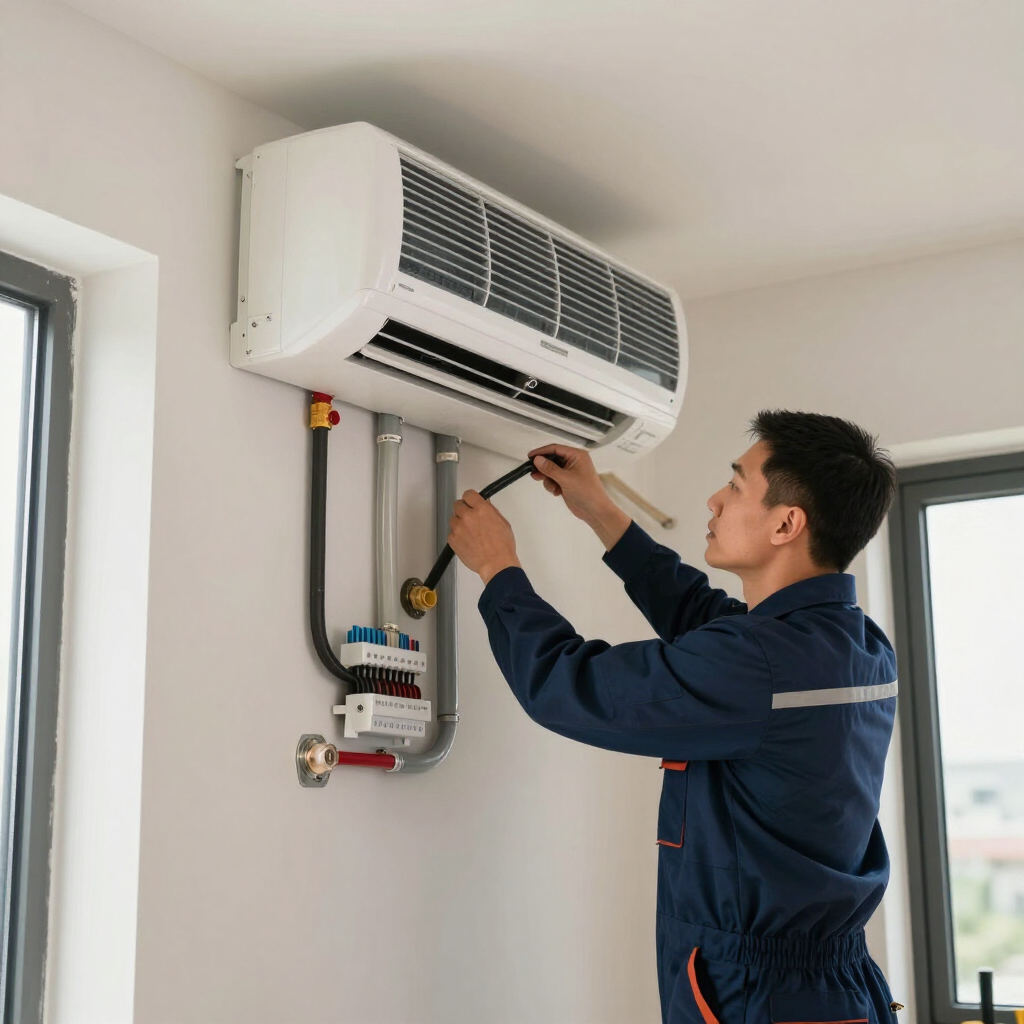 Technician servicing a wall-mounted air conditioner with tools in a bright room