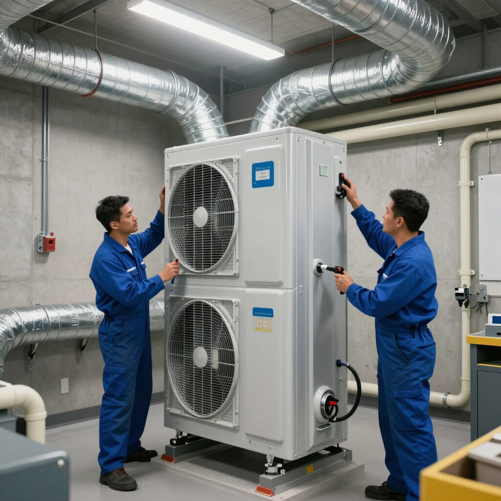 Two technicians in blue coveralls adjust a large industrial HVAC unit in a mechanical room.