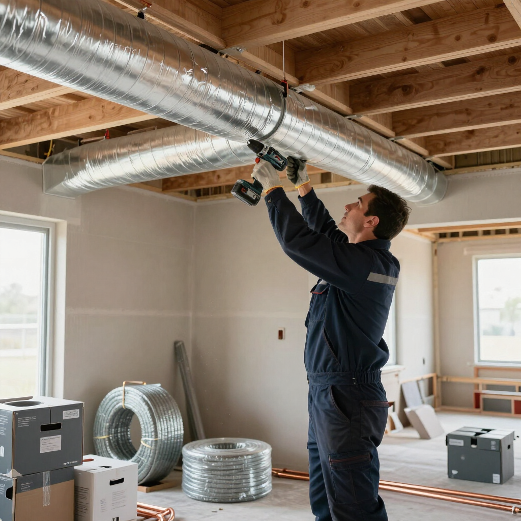 Technician installing ductwork in a room under construction, with exposed beams and tools on the floor.