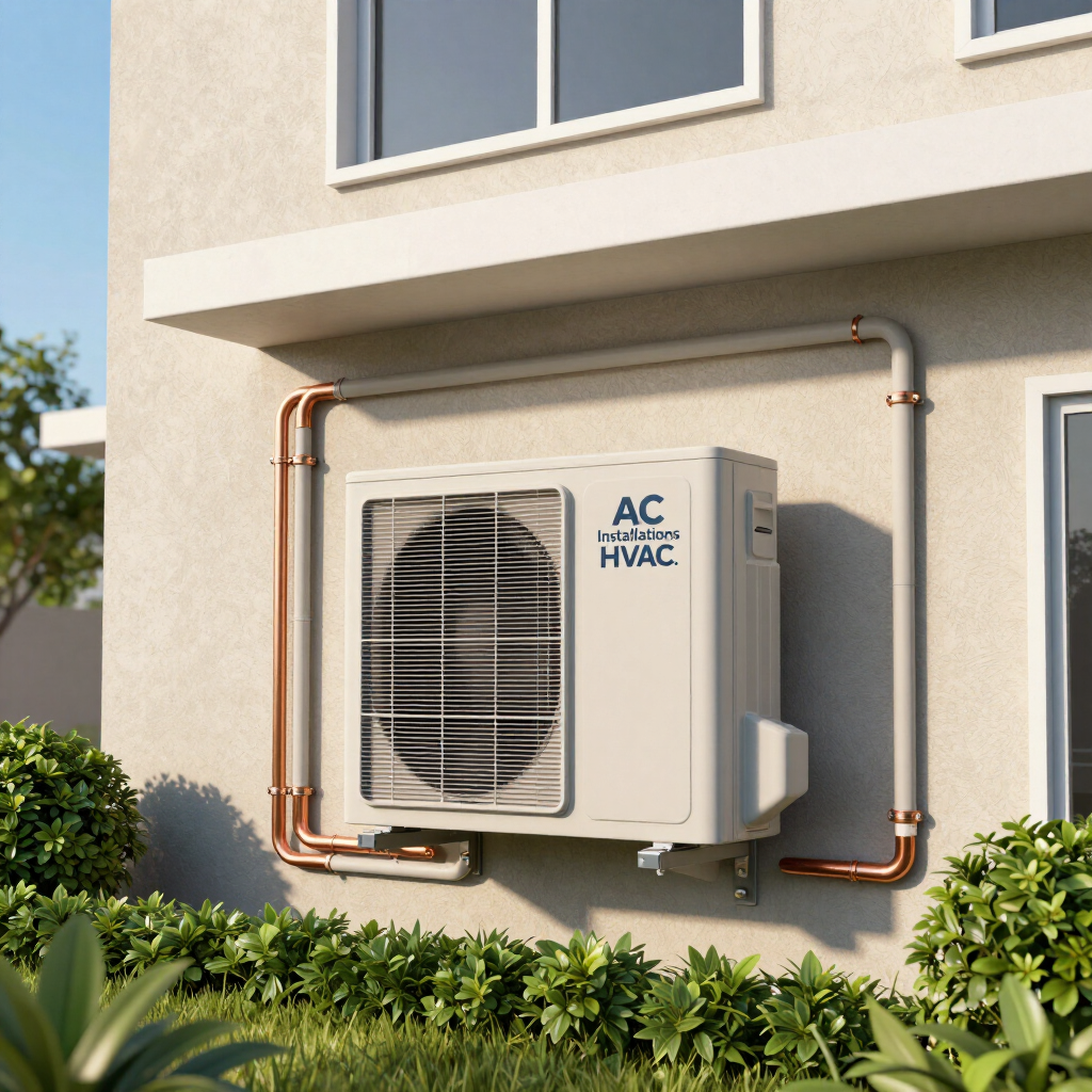 Wall-mounted AC unit on a beige house exterior with copper pipes and green shrubs below