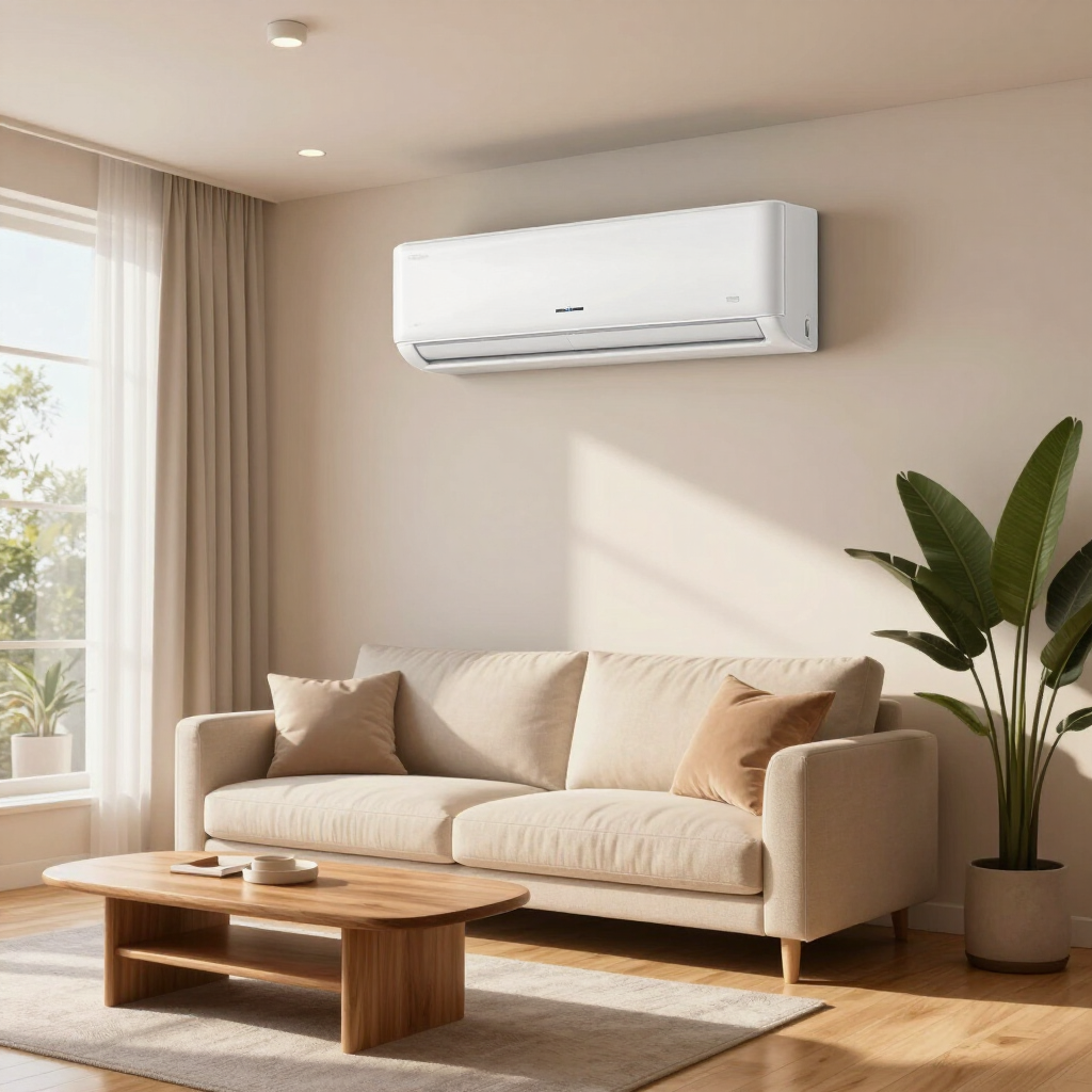 Modern living room with beige sofa, wooden coffee table, potted plant, and wall-mounted air conditioner