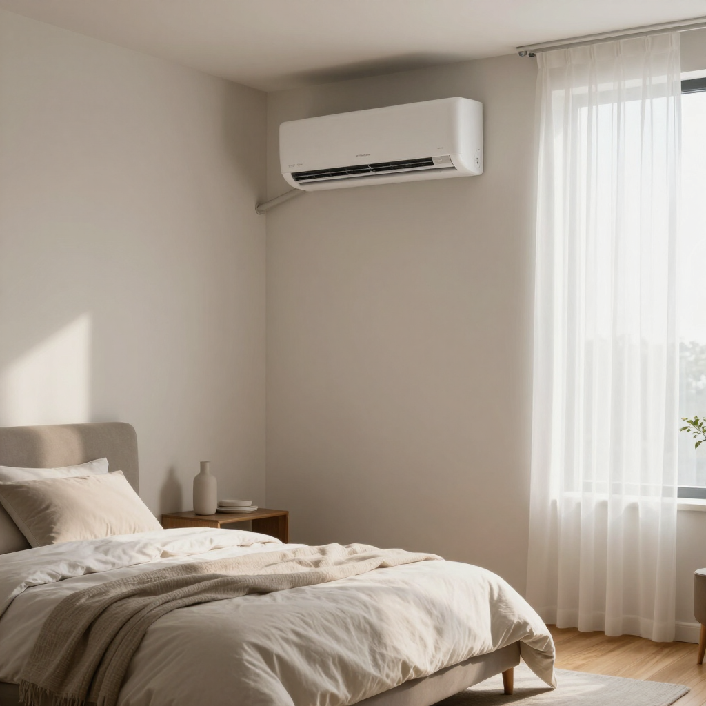 Minimal bedroom with beige walls, bed, nightstand, wall-mounted air conditioner, and sunlight through sheer curtains