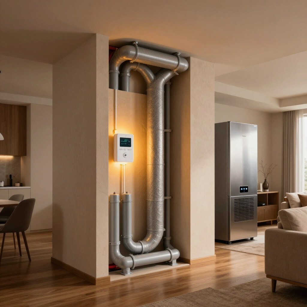 Modern living room with a metallic wall-mounted HVAC unit and control panel between open rooms
