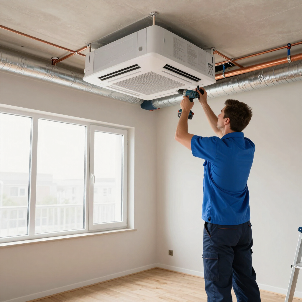 Technician installing a ceiling-mounted HVAC unit in a bright room
