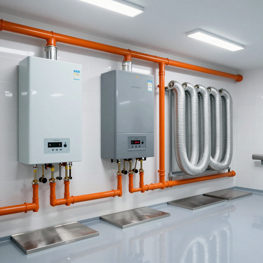 Modern utility room with two wall-mounted boilers, orange piping, and metallic duct coils on the wall