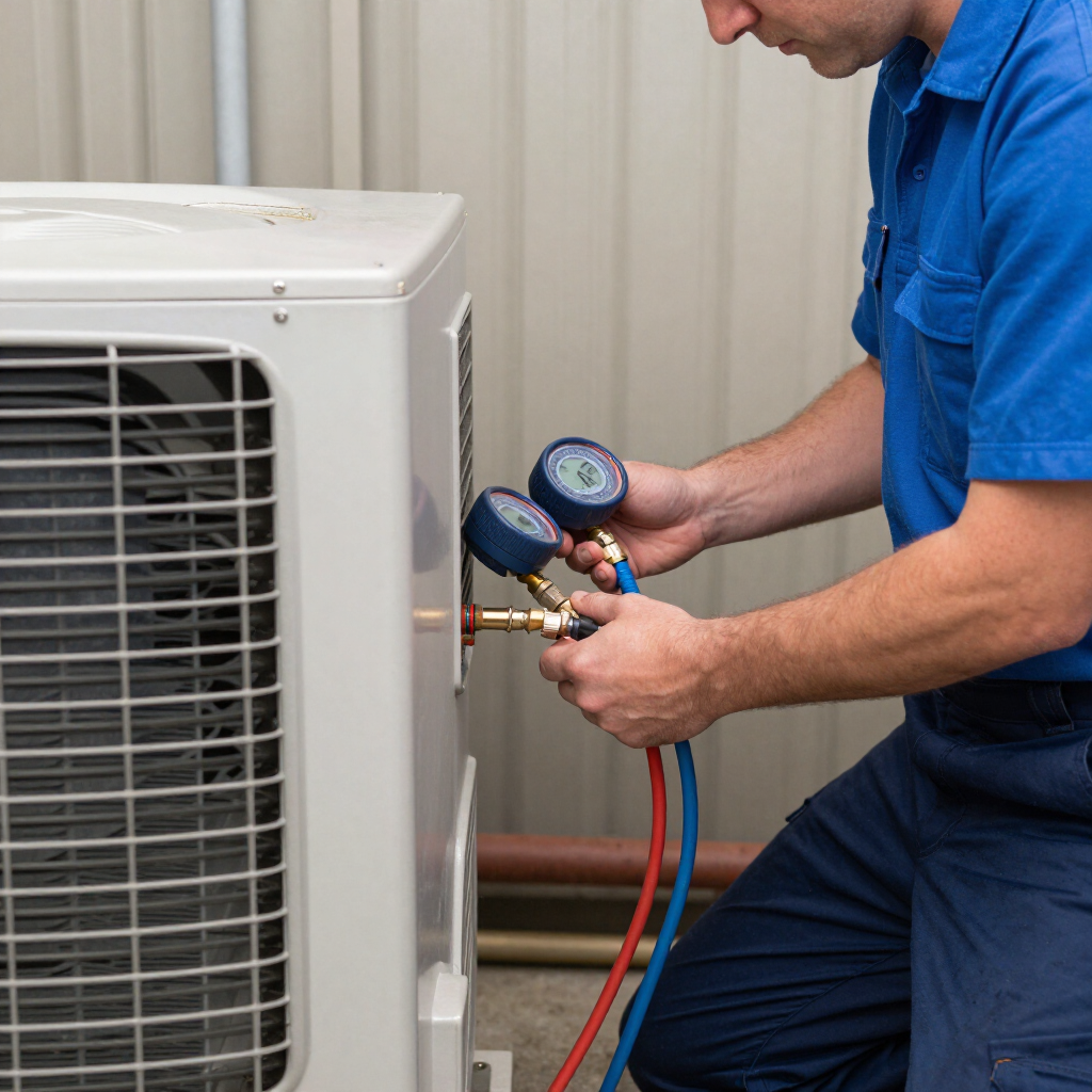 Technician checking an outdoor air conditioner unit with pressure gauges