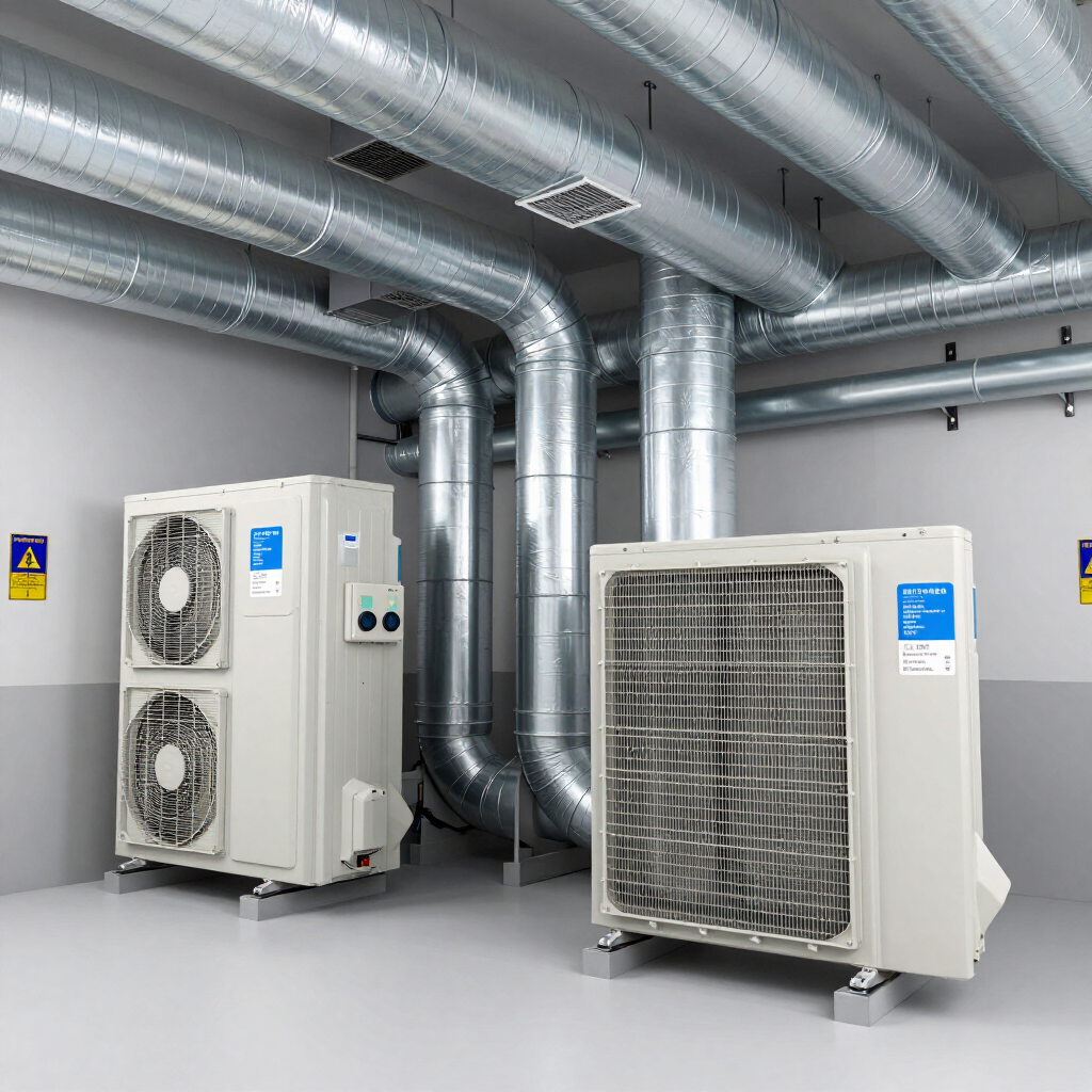 Industrial HVAC equipment in a mechanical room with large silver ducts and white units