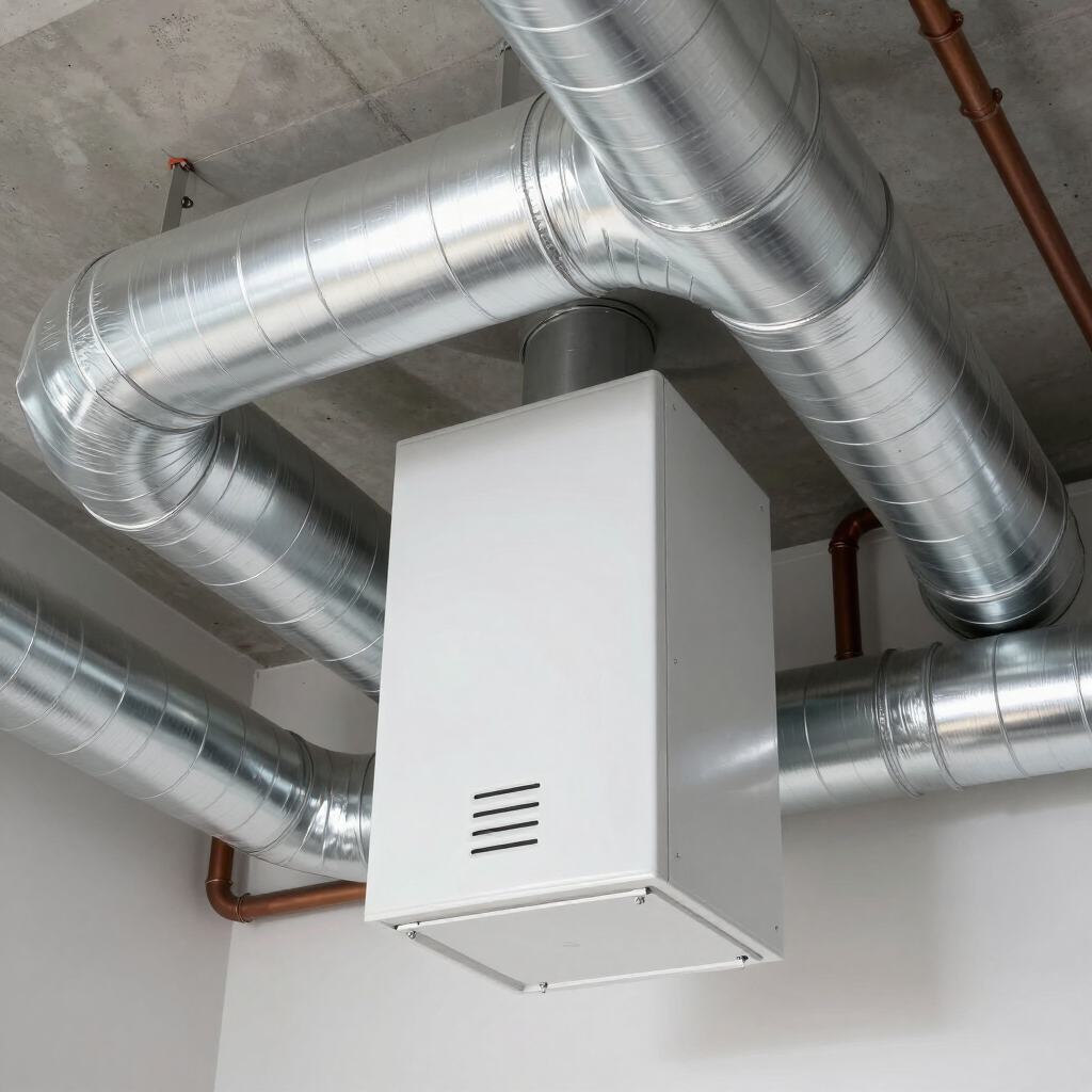 Silver HVAC ducts and a white ceiling-mounted ventilation unit in an industrial interior