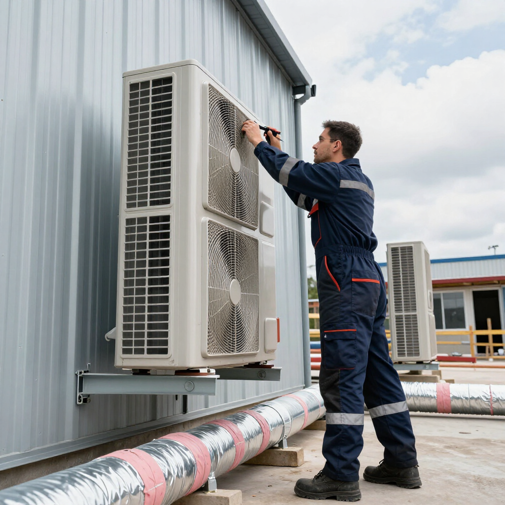 Technician inspecting a wall-mounted air conditioning unit on a metal building exterior.