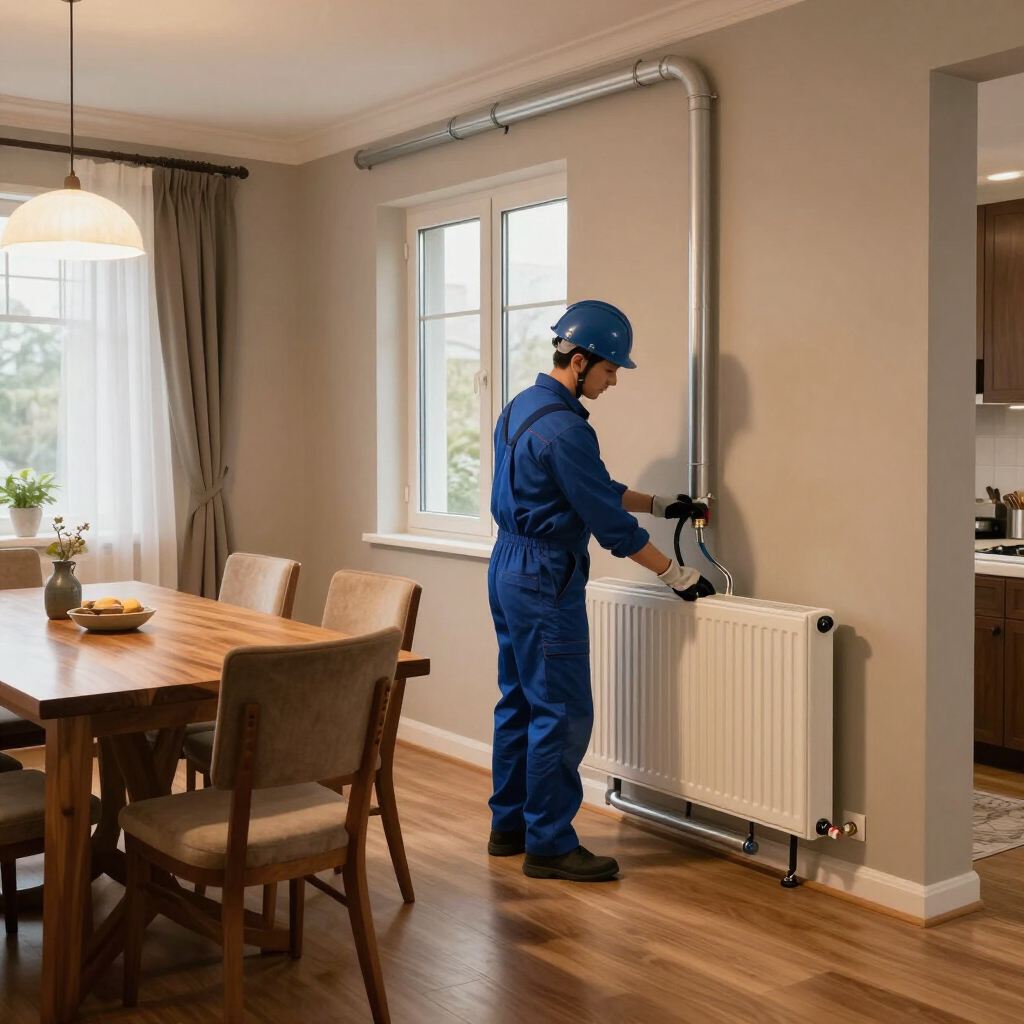 Technician in blue uniform servicing a radiator in a bright dining room