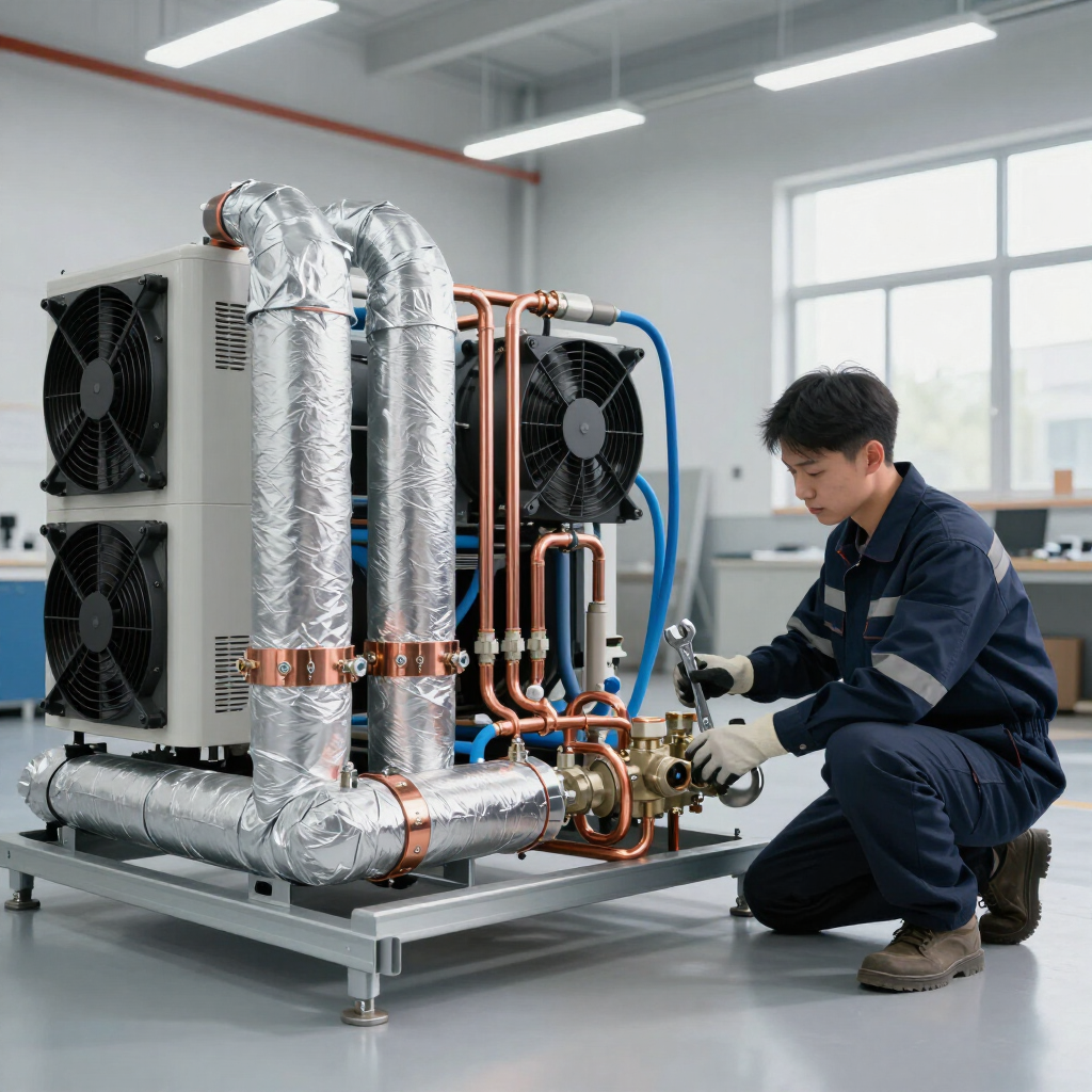 Technician kneels beside a compact HVAC unit with insulated pipes and fans in a bright workshop.