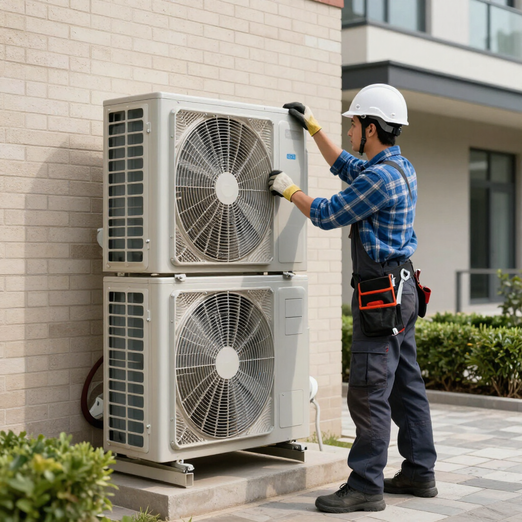 Technician in hard hat servicing outdoor HVAC units beside a building