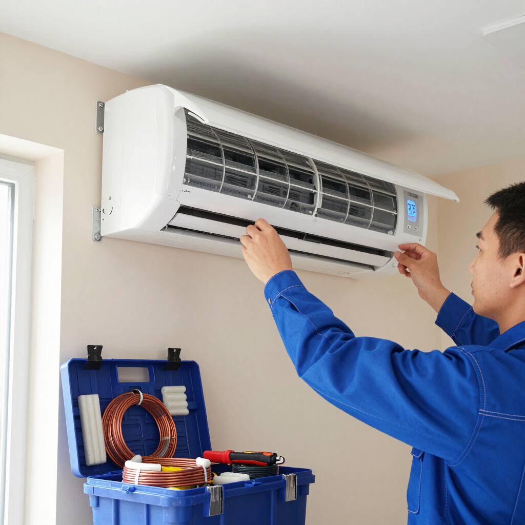 Technician adjusting a wall-mounted air conditioner with tools in a room