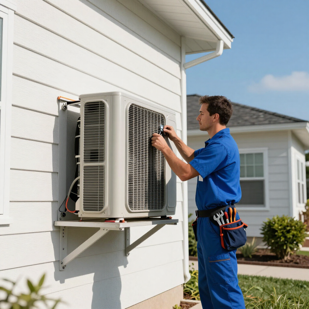 Technician in blue uniform repairing an outdoor air conditioner unit on a house wall