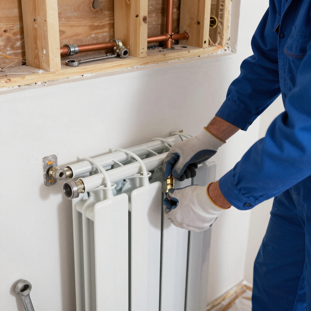 Worker installing a white radiator on a wall with exposed pipes and unfinished framing
