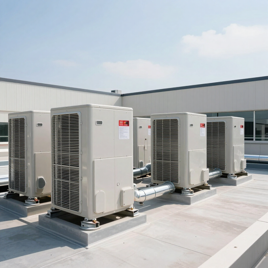 Row of gray rooftop HVAC units on a flat commercial building under a clear sky