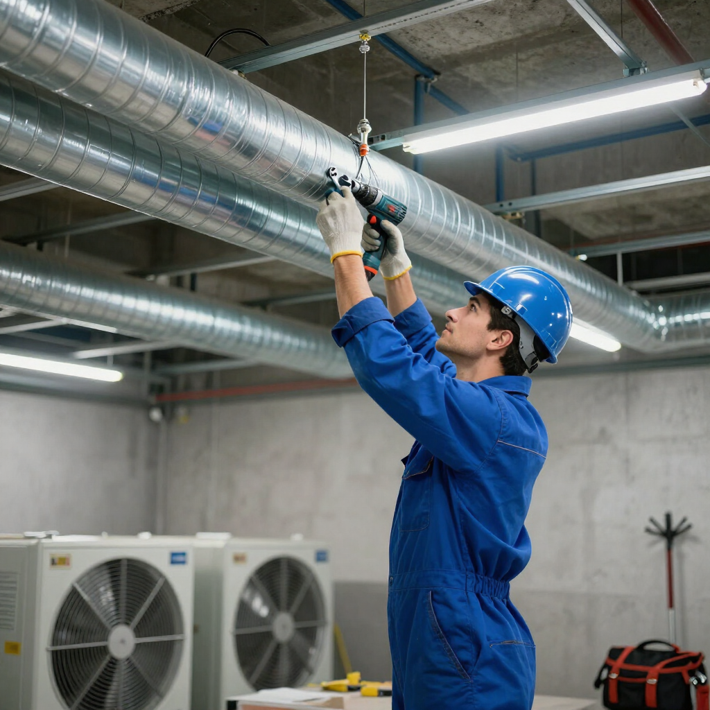 Technician in blue coveralls and hard hat inspecting ceiling ductwork in an industrial room.