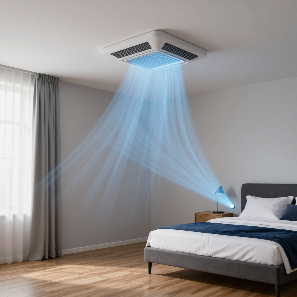Bedroom with a ceiling vent sending blue airflow beams toward the bed