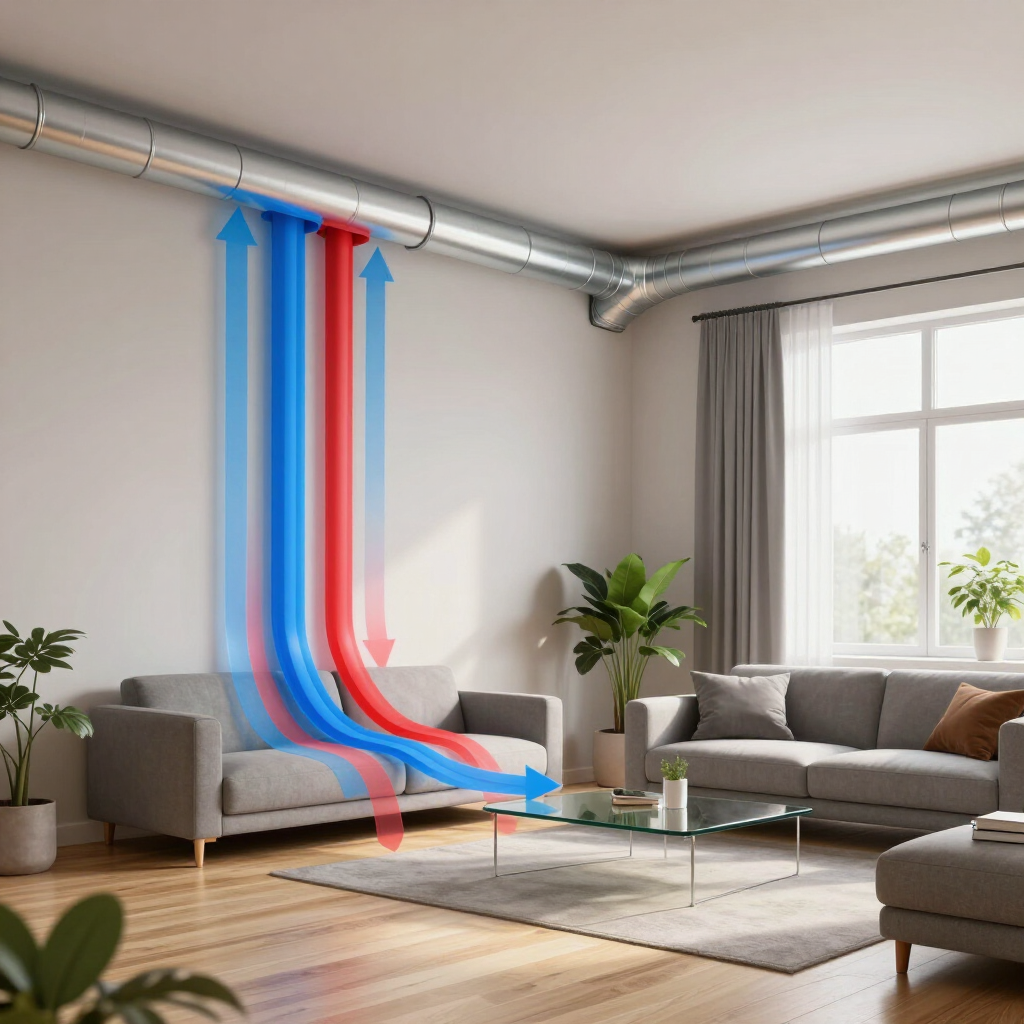 Living room with blue and red airflow arrows moving from ceiling duct to sofa area