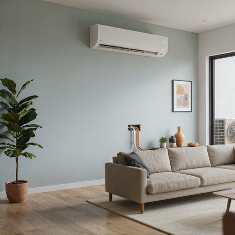 Modern living room with beige sofa, potted plant, wall art, and mounted air conditioner