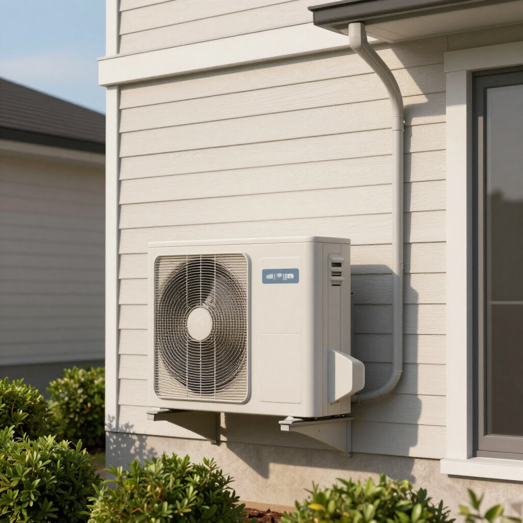 Outdoor wall-mounted air conditioner unit beside a house window and siding.