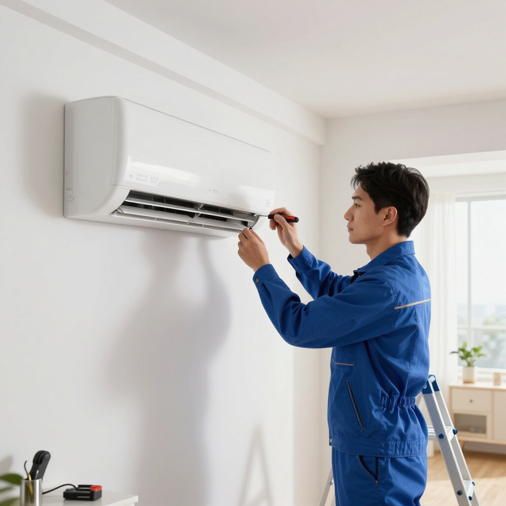 Technician repairing a wall-mounted air conditioner indoors on a step ladder