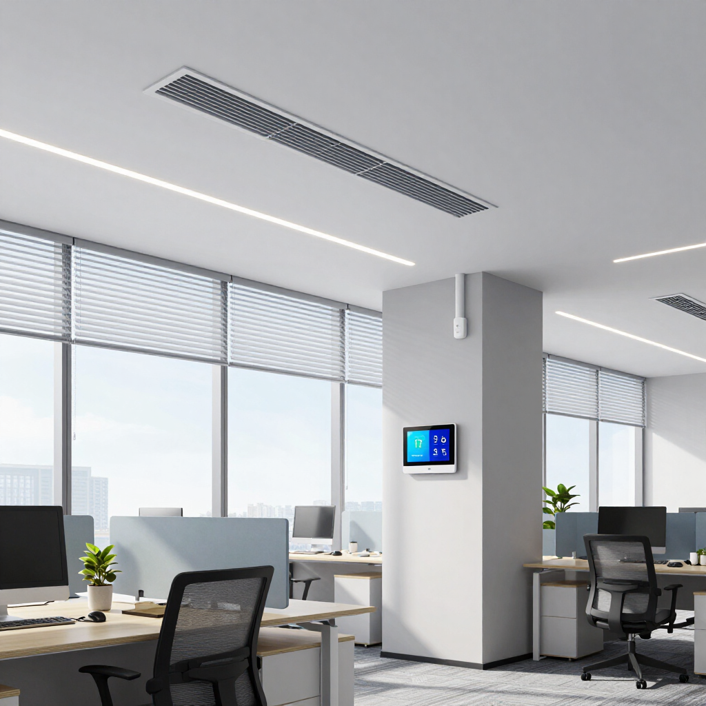 Modern open office with desks, computers, large windows, and a wall-mounted monitor.