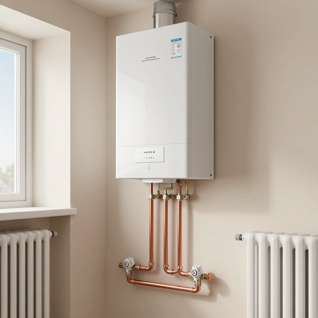 Wall-mounted white boiler with copper pipes between two white radiators in a bright room