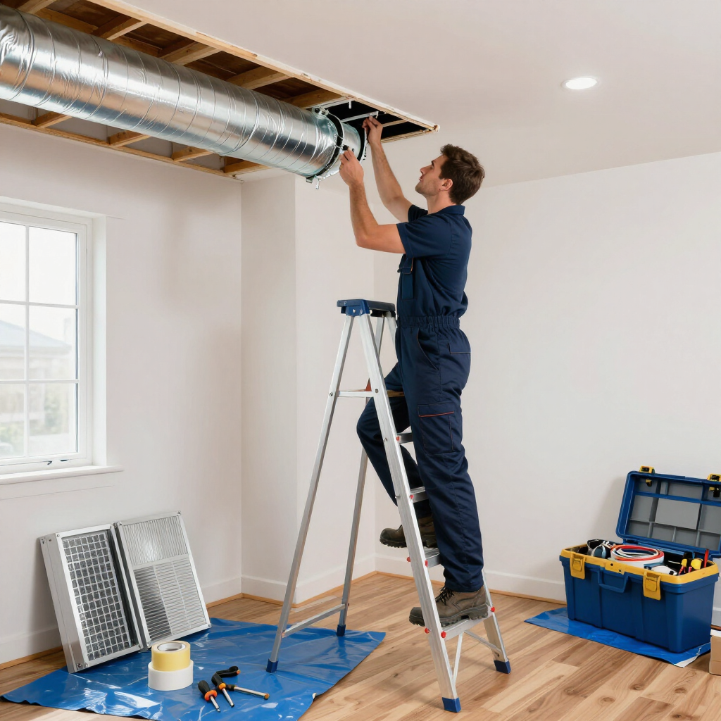 Technician inspecting a wall-mounted air conditioner and outdoor unit in a bright home interior