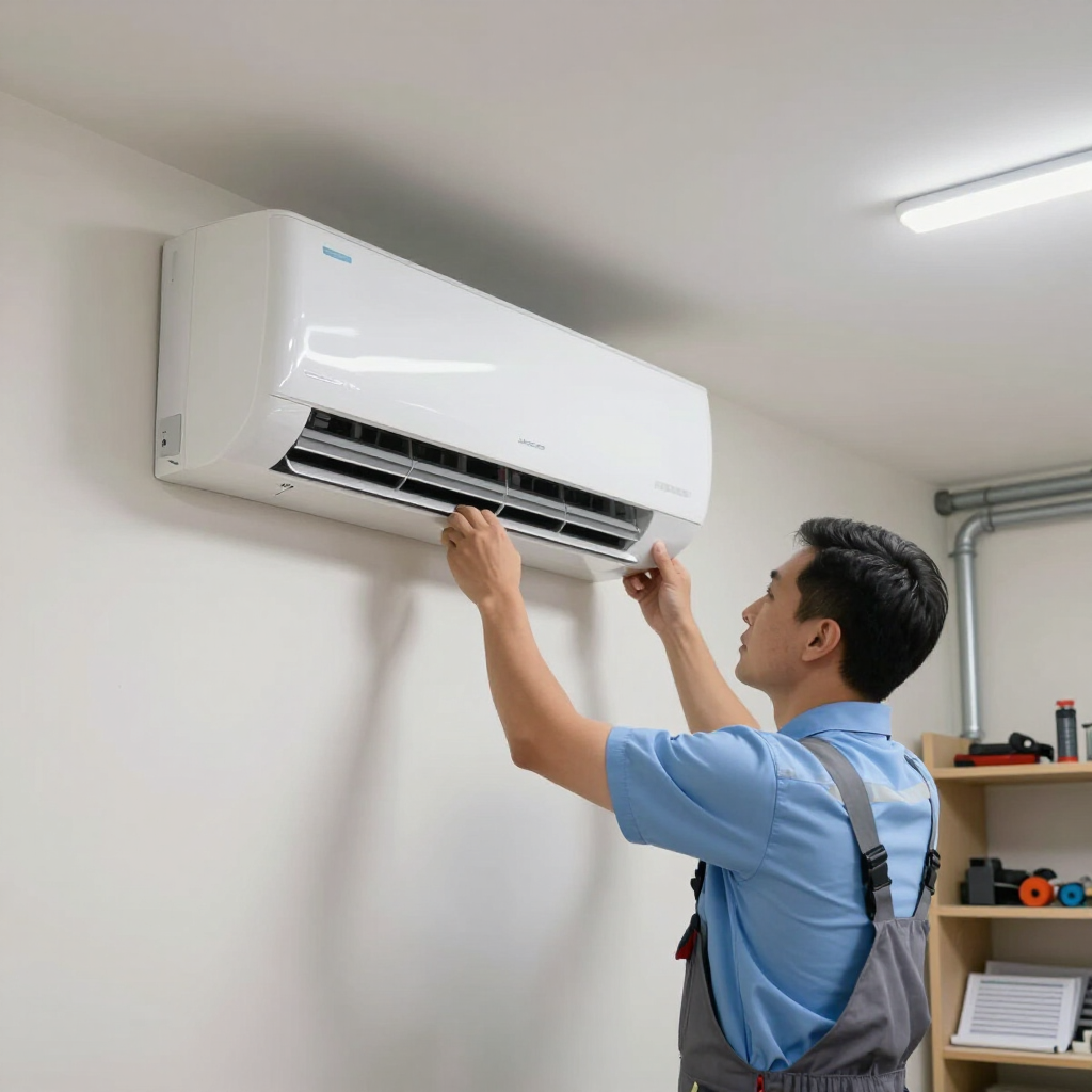 Technician adjusting a wall-mounted air conditioner in a bright room.