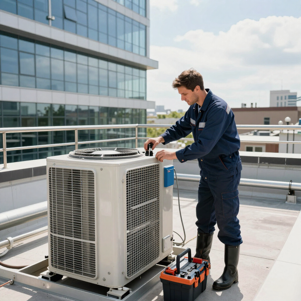 Technician servicing a rooftop HVAC unit beside a toolbox on a modern building rooftop
