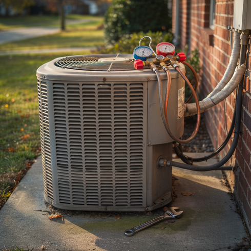 Outdoor HVAC unit beside brick wall with red gauges and hoses attached by a technician