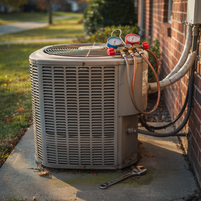 Outdoor HVAC unit beside brick wall with red gauges and hoses attached by a technician