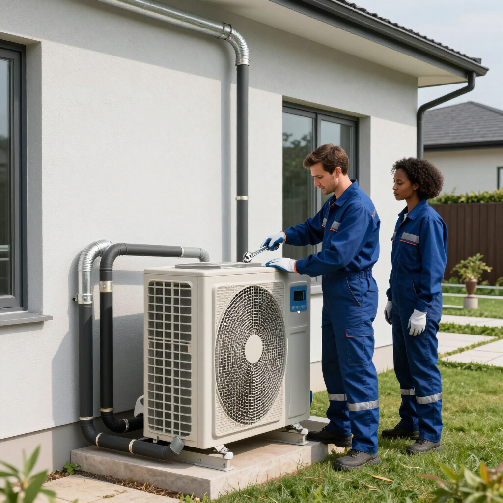 Technician servicing a wall-mounted air conditioner outdoors with a multimeter