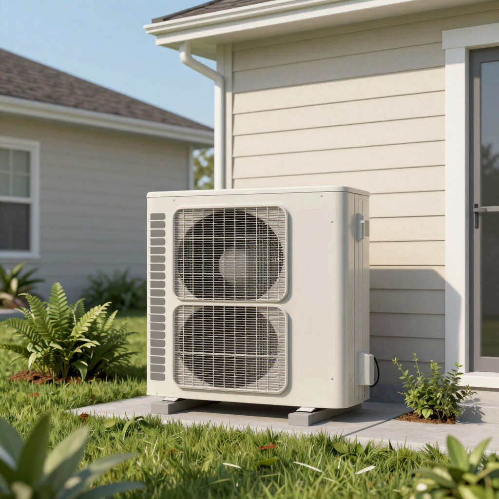 Outdoor heat pump unit beside a beige house with a small garden and lawn