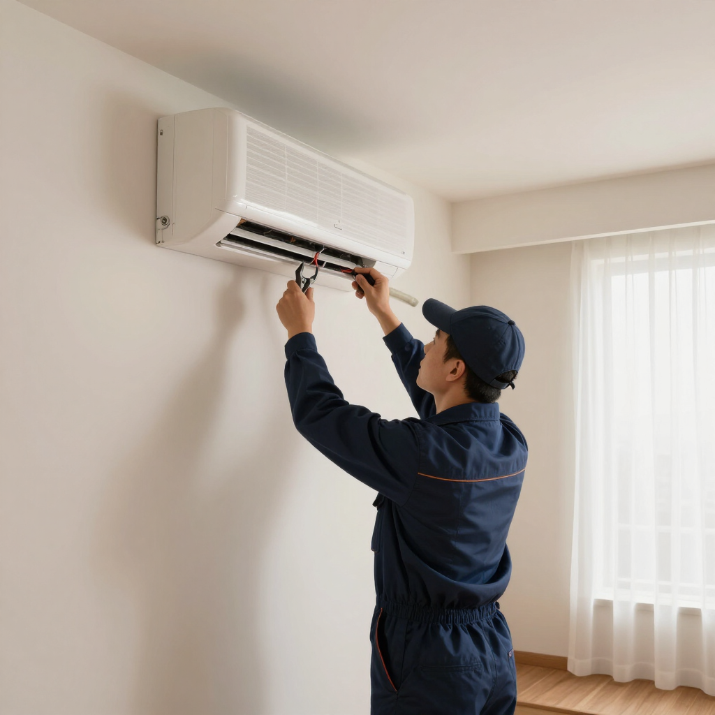 Technician repairing a wall-mounted air conditioner indoors near a window