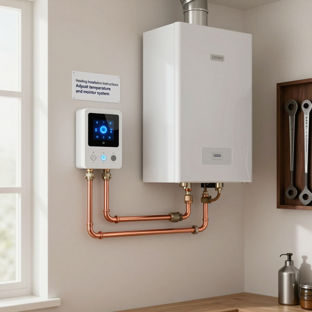 Wall-mounted boiler and control panel with copper pipes in a bright bathroom or utility room