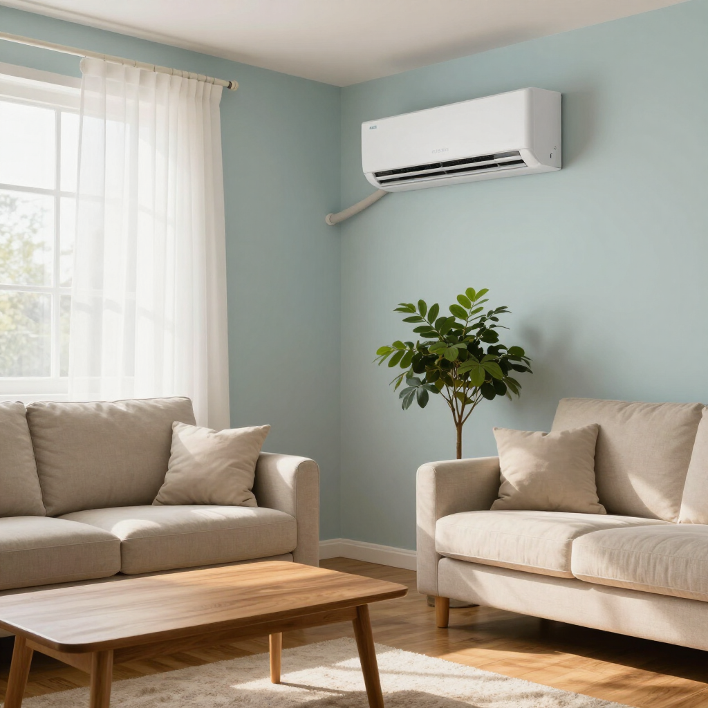 Bright living room with beige sofas, wooden coffee table, large window, and wall-mounted air conditioner.