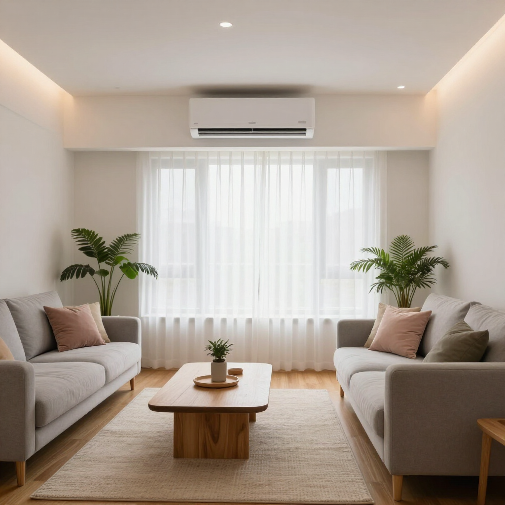 Bright modern living room with two gray sofas, a wooden coffee table, plants, and sheer curtains.