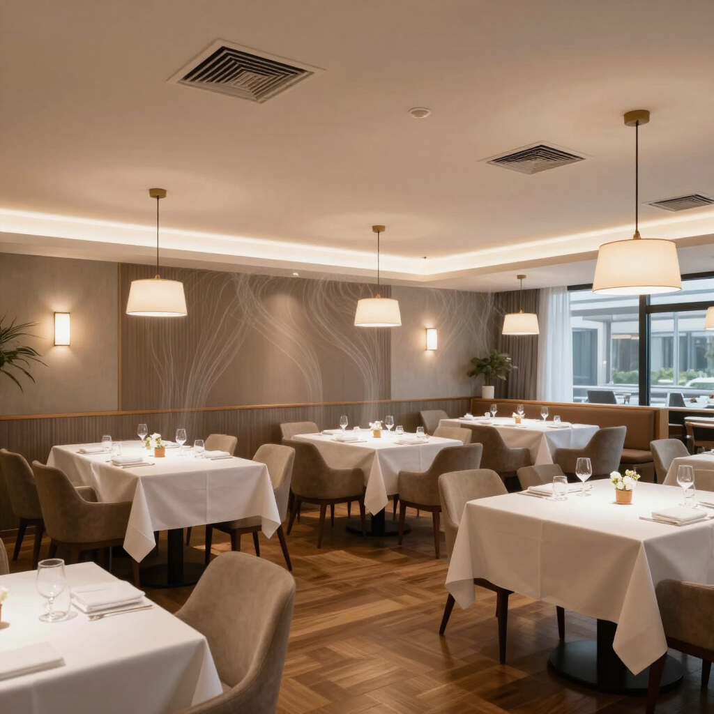 Elegant restaurant dining room with white tablecloths, beige chairs, warm pendant lights, and wooden parquet flooring