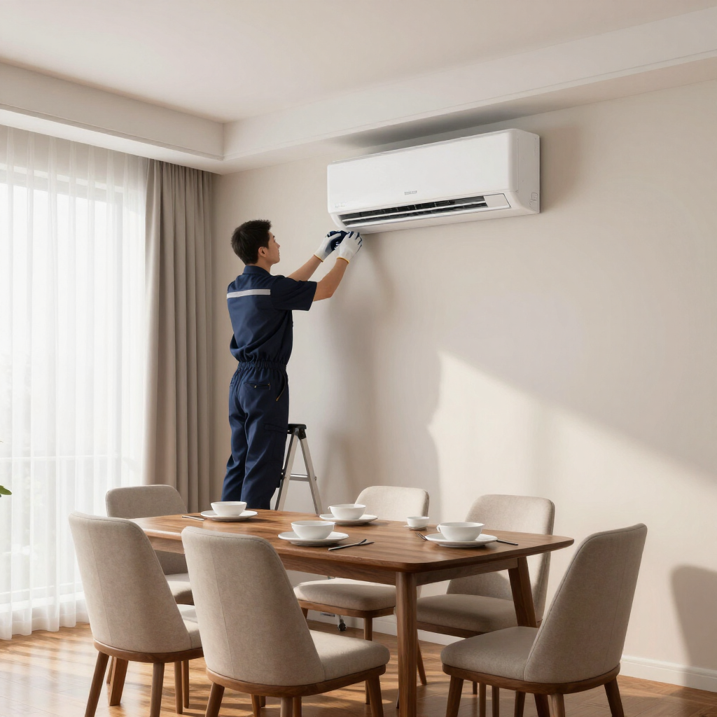 Technician servicing a wall-mounted air conditioner in a bright dining room