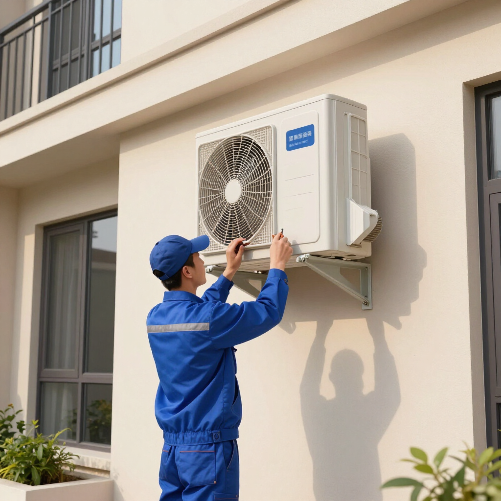 Technician in blue uniform installing an outdoor air conditioner unit on a building wall.